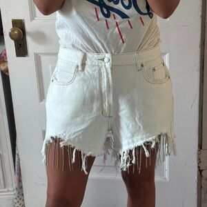 Chic White Frayed & Rhinestone Hem Jean Shorts NWT